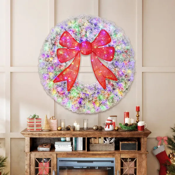 HOMCOM 60in Flocked Pre-Lit Christmas Wreath with 3D Red Bow, 11 Lighting Modes, Front Door Christmas Wreath with Remote - product image 2
