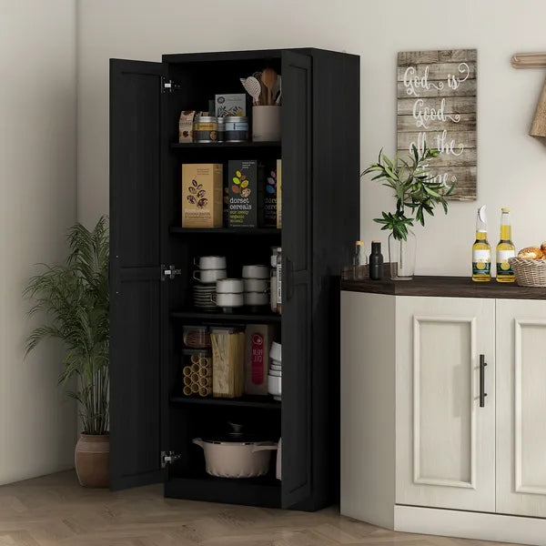 HOMCOM 63" 2-Door Kitchen Pantry, Freestanding Cabinet with 2 Adjustable Shelves for Dining Room, Cinnamon Black Wood Grain - product image 2