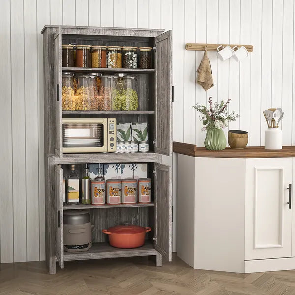 64" 4-Door Kitchen Pantry, Freestanding Storage Cabinet with 3 Adjustable Shelves for Kitchen, Gray Oak - product image 2