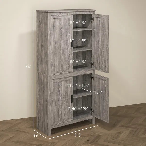 64" 4-Door Kitchen Pantry, Freestanding Storage Cabinet with 3 Adjustable Shelves for Kitchen, Gray Oak - product image 3
