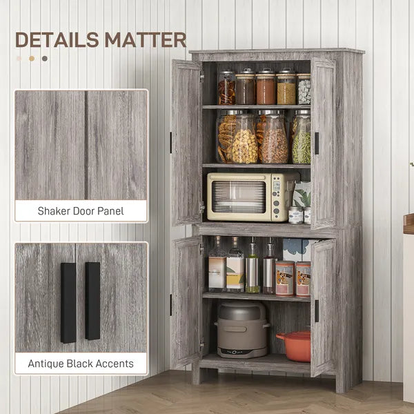 64" 4-Door Kitchen Pantry, Freestanding Storage Cabinet with 3 Adjustable Shelves for Kitchen, Gray Oak - product image 7