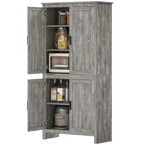 64" 4-Door Kitchen Pantry, Freestanding Storage Cabinet with 3 Adjustable Shelves for Kitchen, Gray Oak - product image 1
