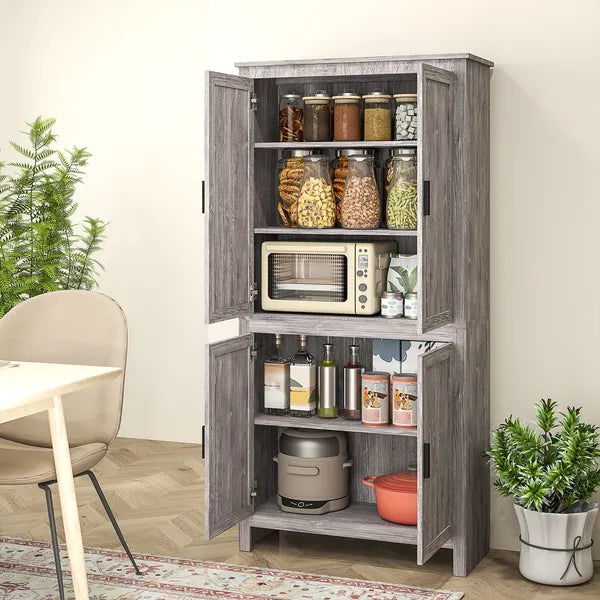64" 4-Door Kitchen Pantry, Freestanding Storage Cabinet with 3 Adjustable Shelves for Kitchen, Gray Oak - product image 10