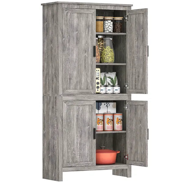 64" 4-Door Kitchen Pantry, Freestanding Storage Cabinet with 3 Adjustable Shelves for Kitchen, Gray Oak - product image 11
