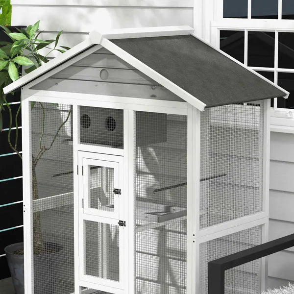 PawHut 64.5" Wooden Bird Cage Bird Aviary, Flight Cage with 4 Perches, Nest and Slide-Out Tray for Indoor/Outdoor, Gray - product image 9