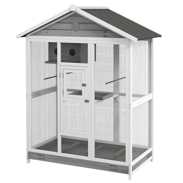 PawHut 64.5" Wooden Bird Cage Bird Aviary, Flight Cage with 4 Perches, Nest and Slide-Out Tray for Indoor/Outdoor, Gray - product image 11