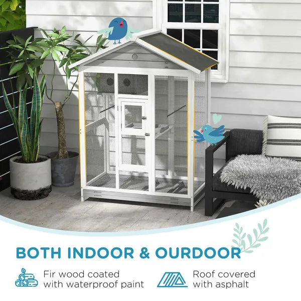 PawHut 64.5" Wooden Bird Cage Bird Aviary, Flight Cage with 4 Perches, Nest and Slide-Out Tray for Indoor/Outdoor, Gray - product image 7