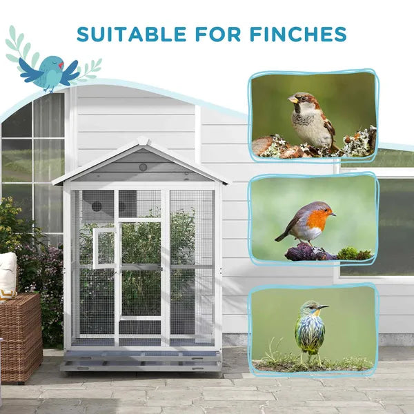 PawHut 64.5" Wooden Bird Cage Bird Aviary, Flight Cage with 4 Perches, Nest and Slide-Out Tray for Indoor/Outdoor, Gray - product image 8