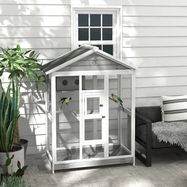 PawHut 64.5" Wooden Bird Cage Bird Aviary, Flight Cage with 4 Perches, Nest and Slide-Out Tray for Indoor/Outdoor, Gray - product image 10