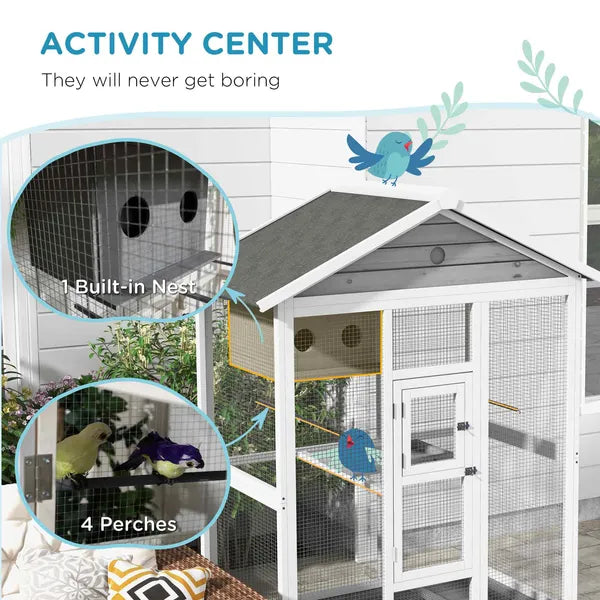 PawHut 64.5" Wooden Bird Cage Bird Aviary, Flight Cage with 4 Perches, Nest and Slide-Out Tray for Indoor/Outdoor, Gray - product image 6