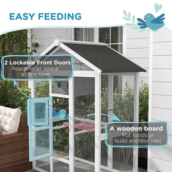 PawHut 64.5" Wooden Bird Cage Bird Aviary, Flight Cage with 4 Perches, Nest and Slide-Out Tray for Indoor/Outdoor, Gray - product image 4