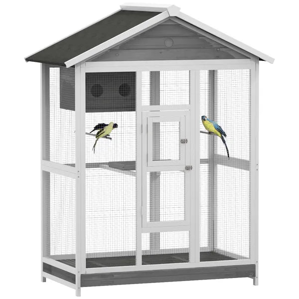 PawHut 64.5" Wooden Bird Cage Bird Aviary, Flight Cage with 4 Perches, Nest and Slide-Out Tray for Indoor/Outdoor, Gray - product image 1