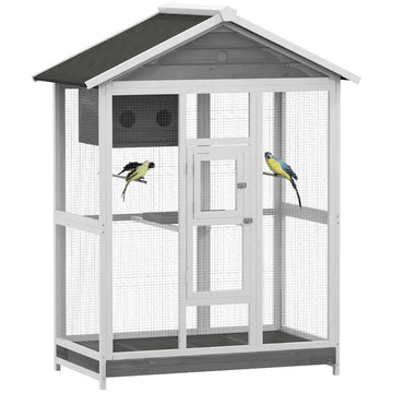 PawHut 64.5" Wooden Bird Cage Bird Aviary, Flight Cage with 4 Perches, Nest and Slide-Out Tray for Indoor/Outdoor, Gray - product image 1