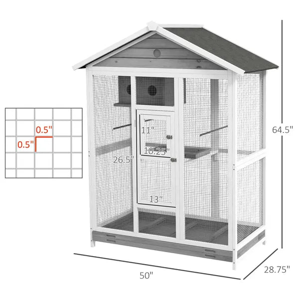 PawHut 64.5" Wooden Bird Cage Bird Aviary, Flight Cage with 4 Perches, Nest and Slide-Out Tray for Indoor/Outdoor, Gray - product image 3