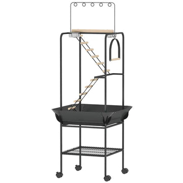 PawHut 64"H Rolling Bird Playground Parrot Stand with Seed Guard and Wheels, Ladders, Swing, Toy Hook and Bowls - product image 1