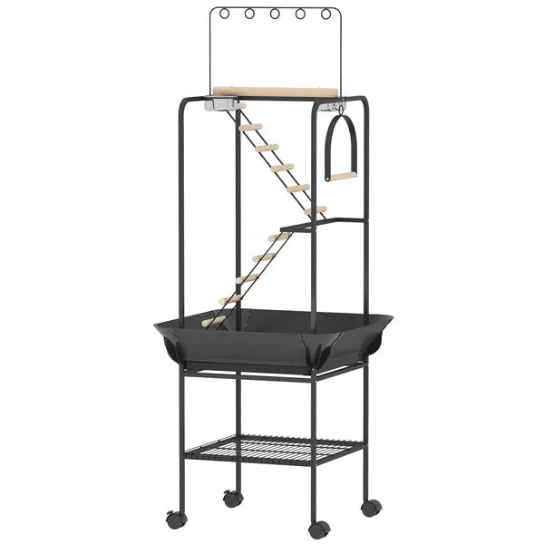 PawHut 64"H Rolling Bird Playground Parrot Stand with Seed Guard and Wheels, Ladders, Swing, Toy Hook and Bowls - product image 1