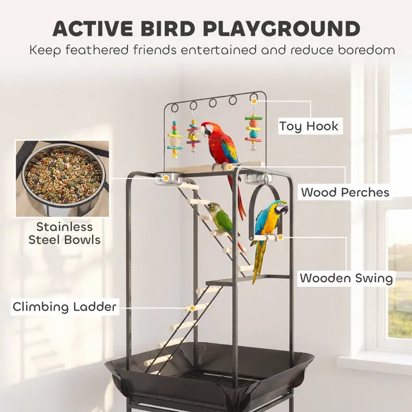 PawHut 64"H Rolling Bird Playground Parrot Stand with Seed Guard and Wheels, Ladders, Swing, Toy Hook and Bowls - product image 3