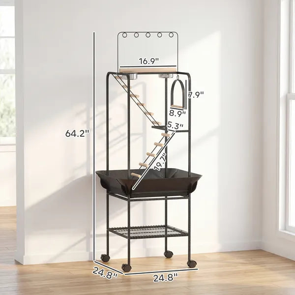 PawHut 64"H Rolling Bird Playground Parrot Stand with Seed Guard and Wheels, Ladders, Swing, Toy Hook and Bowls - product image 2