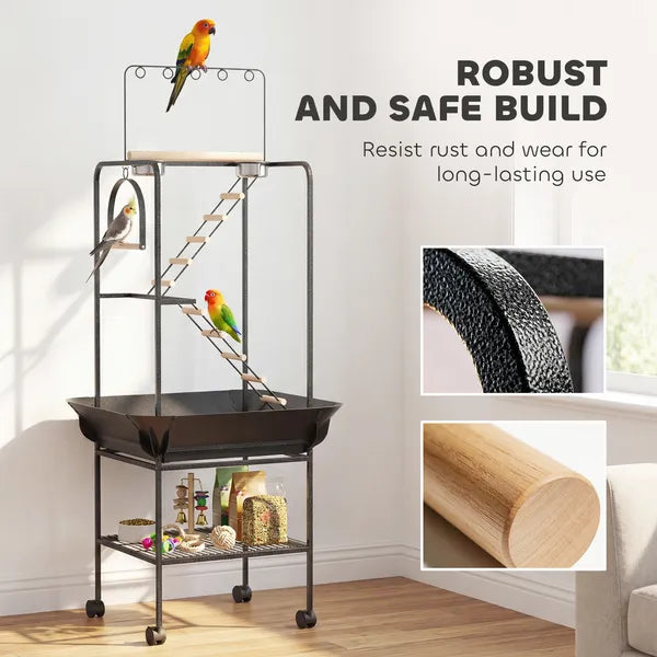 PawHut 64"H Rolling Bird Playground Parrot Stand with Seed Guard and Wheels, Ladders, Swing, Toy Hook and Bowls - product image 6