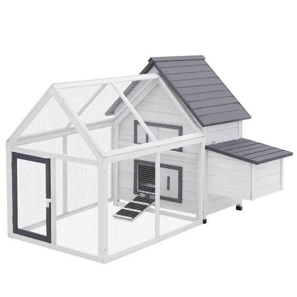 65 Chicken Coop Wooden House Rabbit Hutch Poultry Cage Hen Pen Nesting Box Ramp Run Patio Backyard Garden Gray White - product image 1