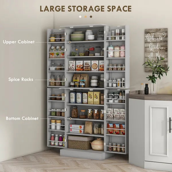 HOMCOM 65" Kitchen Cabinet, Kitchen Pantry Cabinet with 4 Doors and 16 Door Shelves for Dining Room, Gray - product image 4