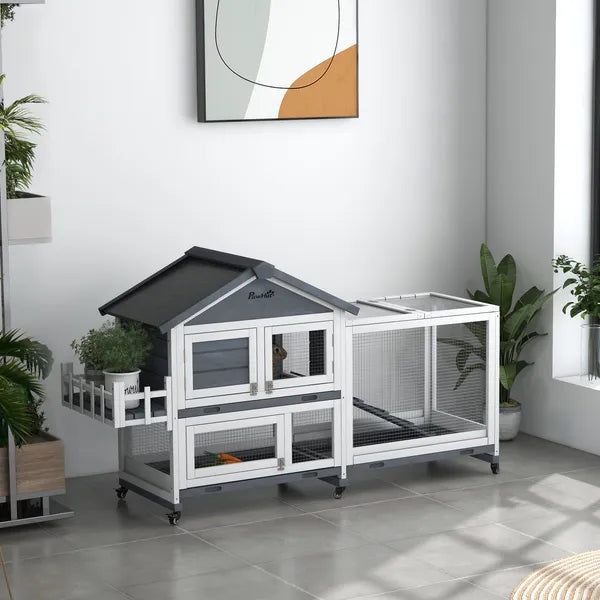 65 Inch Wooden Rabbit Hutch with Playpen, Openable Roof and Storage, Gray - product image 2