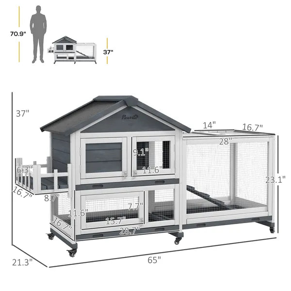 65 Inch Wooden Rabbit Hutch with Playpen, Openable Roof and Storage, Gray - product image 3