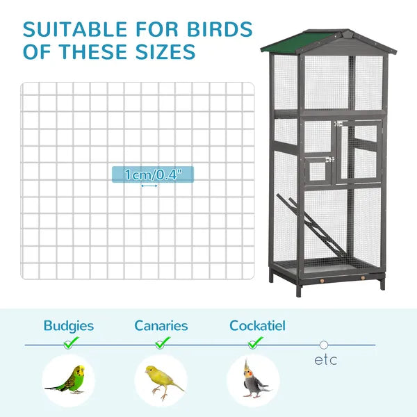 65 Outdoor Wooden Bird Cage for Finches Aviary with Tray 2 Doors Grey - product image 6