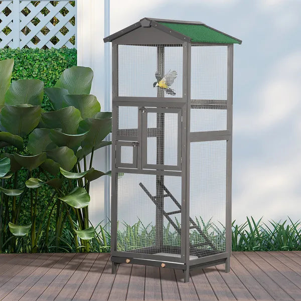 65 Outdoor Wooden Bird Cage for Finches Aviary with Tray 2 Doors Grey - product image 2