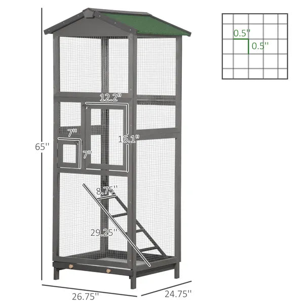 65 Outdoor Wooden Bird Cage for Finches Aviary with Tray 2 Doors Grey - product image 3