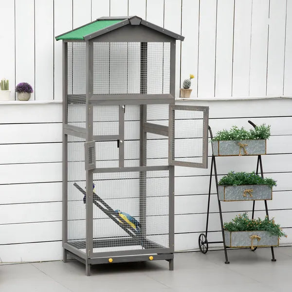 65 Outdoor Wooden Bird Cage for Finches Aviary with Tray 2 Doors Grey - product image 8