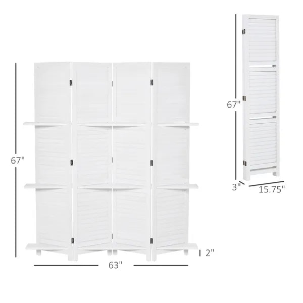 HOMCOM 67" 4-Panel Portable Room Divider, Wooden Privacy Screen with Display Shelves, Folding, White - product image 3