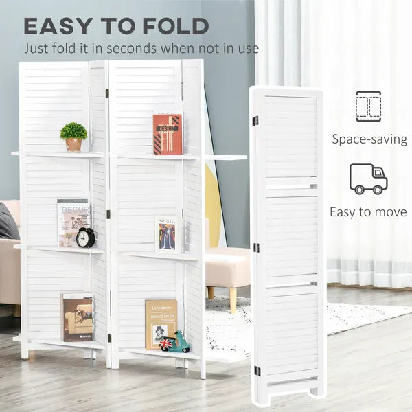 HOMCOM 67" 4-Panel Portable Room Divider, Wooden Privacy Screen with Display Shelves, Folding, White - product image 5