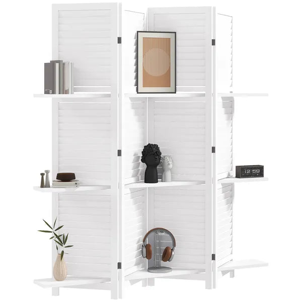 HOMCOM 67" 4-Panel Portable Room Divider, Wooden Privacy Screen with Display Shelves, Folding, White - product image 1