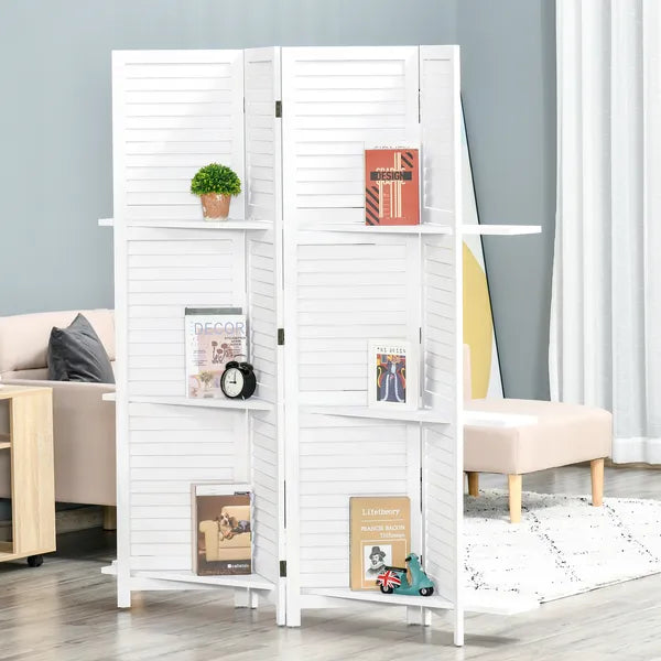 HOMCOM 67" 4-Panel Portable Room Divider, Wooden Privacy Screen with Display Shelves, Folding, White - product image 2