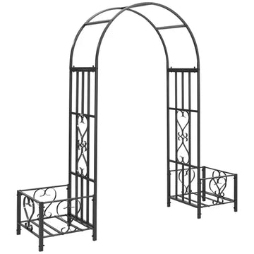 6.7' Metal Garden Arch, with Gate and Planter Boxes, Steel Arch Arbor, Water-Resistant, for Ceremony, Weddings, Dark Gray - product image 1