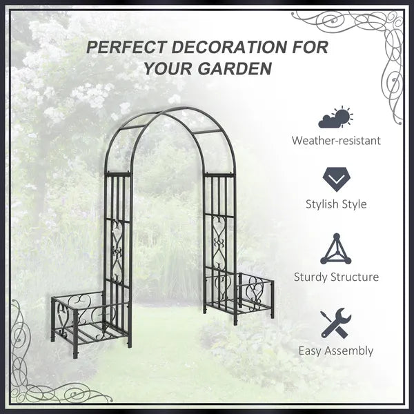 6.7' Metal Garden Arch, with Gate and Planter Boxes, Steel Arch Arbor, Water-Resistant, for Ceremony, Weddings, Dark Gray - product image 5