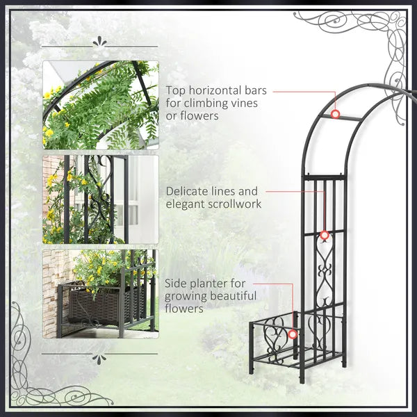 6.7' Metal Garden Arch, with Gate and Planter Boxes, Steel Arch Arbor, Water-Resistant, for Ceremony, Weddings, Dark Gray - product image 6