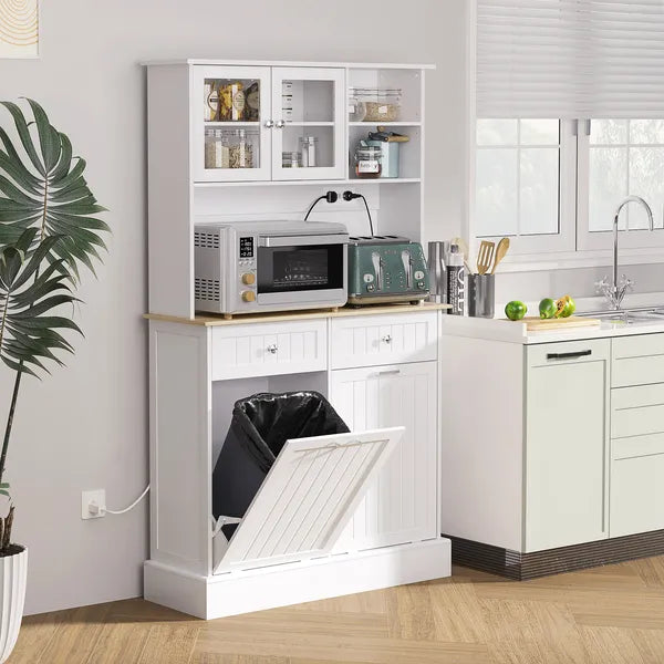 68" Storage Pantry Cupboards, Freestanding Cabinet with 2 Tilt Out Cabinets and Build-in Charging Station for Dining Room, White - product image 2