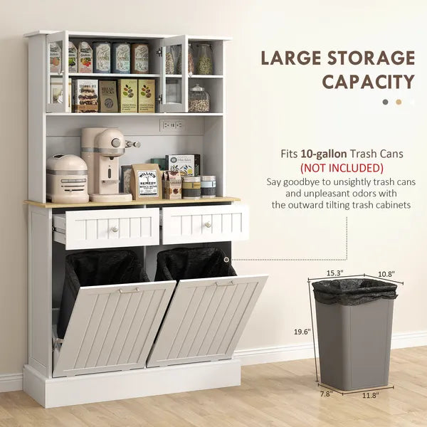 68" Storage Pantry Cupboards, Freestanding Cabinet with 2 Tilt Out Cabinets and Build-in Charging Station for Dining Room, White - product image 5