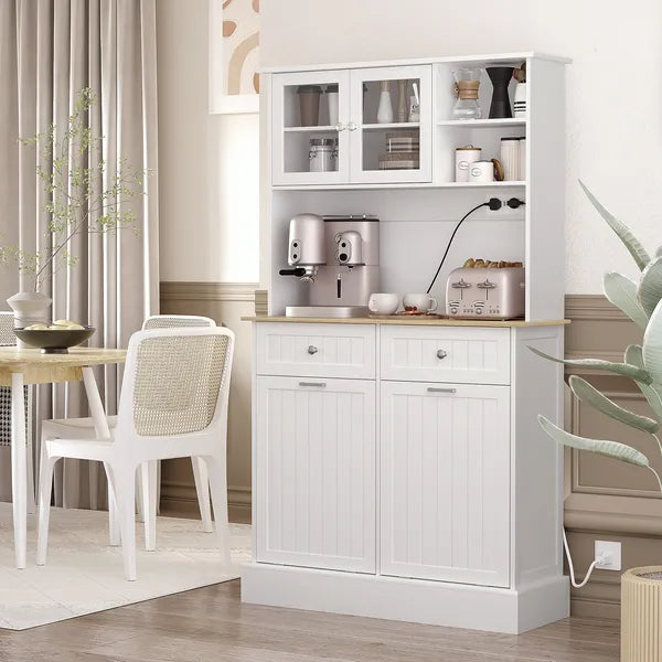 68" Storage Pantry Cupboards, Freestanding Cabinet with 2 Tilt Out Cabinets and Build-in Charging Station for Dining Room, White - product image 10