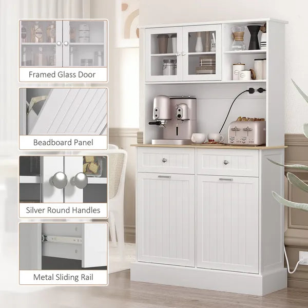 68" Storage Pantry Cupboards, Freestanding Cabinet with 2 Tilt Out Cabinets and Build-in Charging Station for Dining Room, White - product image 9