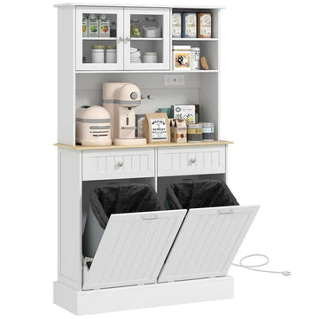 68" Storage Pantry Cupboards, Freestanding Cabinet with 2 Tilt Out Cabinets and Build-in Charging Station for Dining Room, White - product image 1