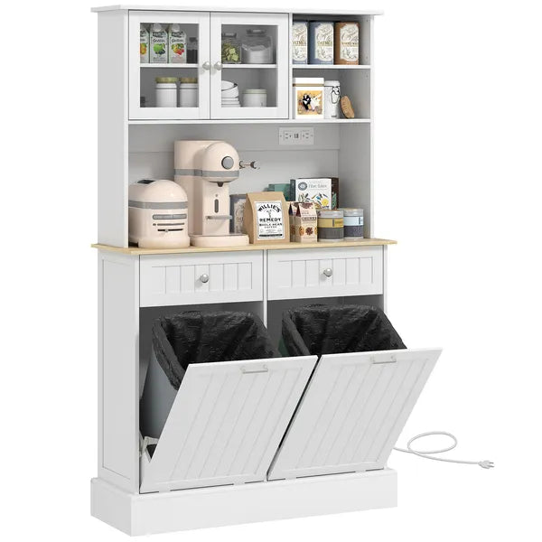68" Storage Pantry Cupboards, Freestanding Cabinet with 2 Tilt Out Cabinets and Build-in Charging Station for Dining Room, White - product image 1