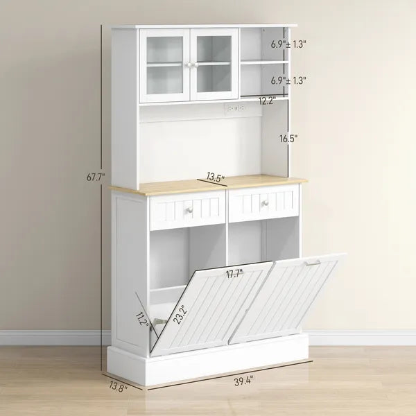68" Storage Pantry Cupboards, Freestanding Cabinet with 2 Tilt Out Cabinets and Build-in Charging Station for Dining Room, White - product image 3