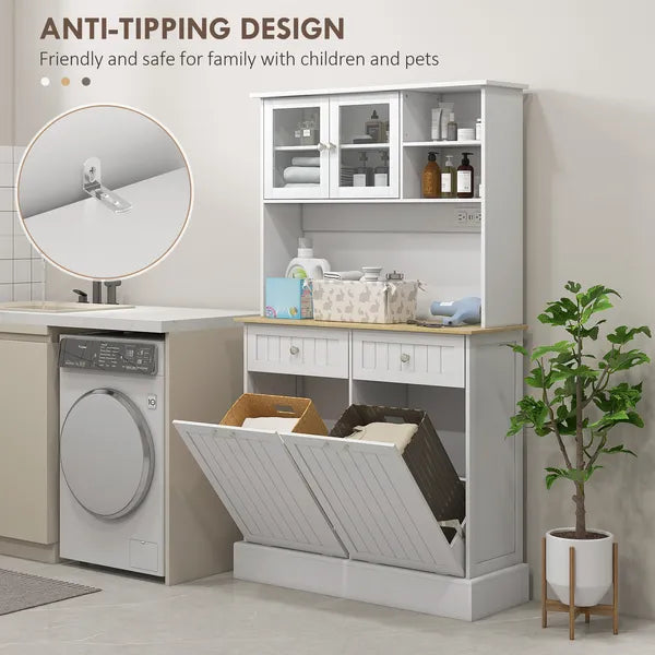 68" Storage Pantry Cupboards, Freestanding Cabinet with 2 Tilt Out Cabinets and Build-in Charging Station for Dining Room, White - product image 8
