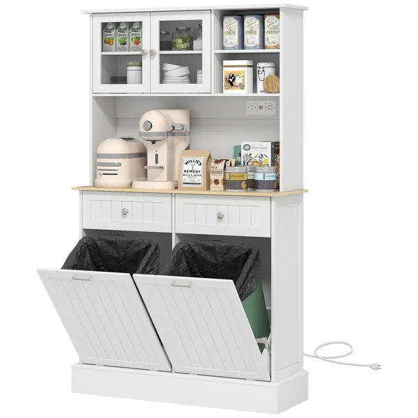 68" Storage Pantry Cupboards, Freestanding Cabinet with 2 Tilt Out Cabinets and Build-in Charging Station for Dining Room, White - product image 11