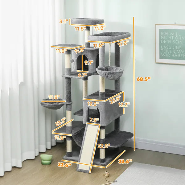 PawHut 69 Inch Cat Tree, Multi-Level Cat Tower with 2 Condos and 3 Hammocks, 8 Scratching Posts, for Multiple Cats, Dark Gray - product image 3