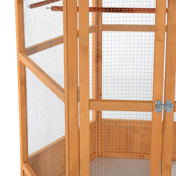 69" Large Wooden Bird Aviary Hexagonal Outdoor Aviary Flight Bird Cage With Covered Roof, Brown - product image 7
