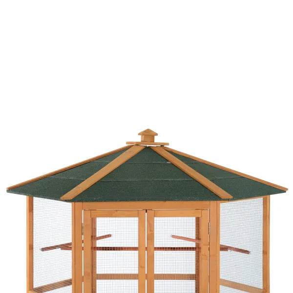69" Large Wooden Bird Aviary Hexagonal Outdoor Aviary Flight Bird Cage With Covered Roof, Brown - product image 5